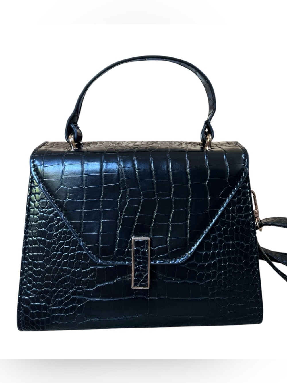 Croc-Embossed Black Soft Leather Texture Top-Handle Hand or Shoulder Bag